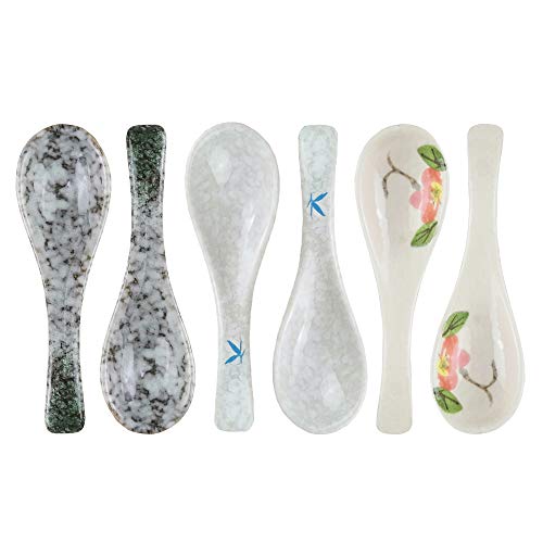 Japanese Hand Painted Design Ceramic Asian Soup Spoon Sets of 6 for Ramen Pho Wonton Dumpling Miso Rice Cyan