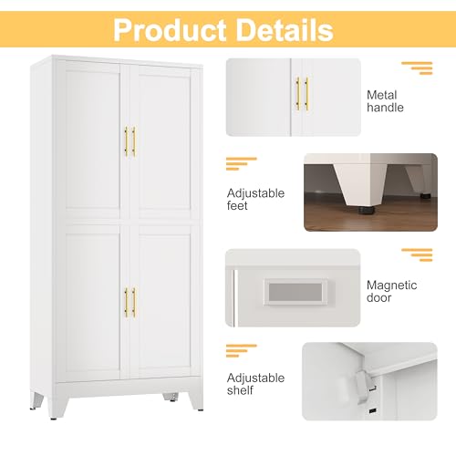 Image of PAOFIN White Metal Storage Cabinet, Pantry With 4 Doors and Adjustable Shelves, Leveling Foot for Kitchen, Living Room and Dinning Room, 75 inch H
