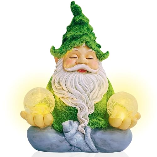 TIN DREAMS FACTORY | Gnomo Zen con Luz Solar – Figura Decorativa de Jardín en Resina – Enanito Exterior con Burbuja Luminosa LED – Adorno Relajante para Jardín, Patio y Terraza