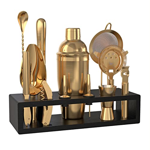 Highball & Chaser Bartender Kit with Espresso Bamboo Stand. Beautiful Cobbler Cocktail Shaker Set with Bar Tools Rustproof Stainless Steel Bar Set (Matte Gold)