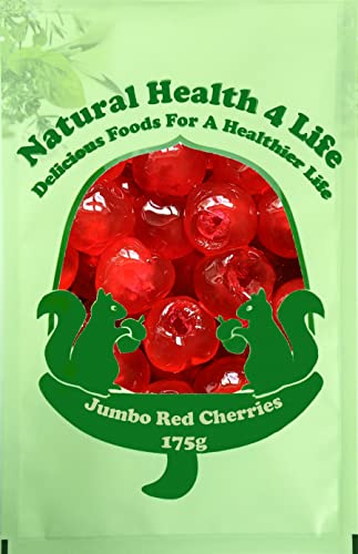 Natural Health 4 Life Jumbo Red Glace Cherries 175g Candied Whole Cherrys for Baking Cake Decorating and Christmas Desserts Fat Free Vegetarian Produce Of France (1 Pouch)