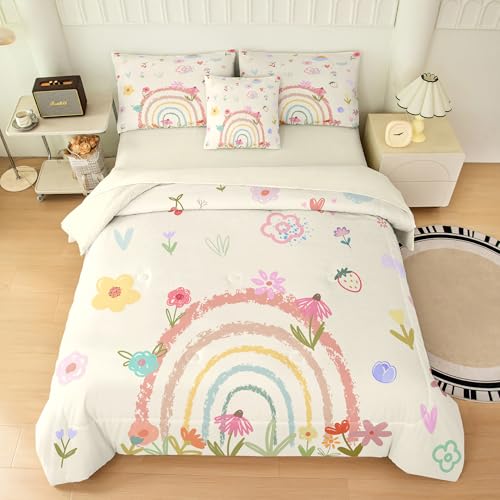 6 Pieces Colorful Rainbow Comforter Set Twin for Girls Cartoon Love Hearts Flowers and Grass Rainbow Bedding Set Soft Microfiber Bedding Sets in a Bag with Comforter Sheets Pillowcases
