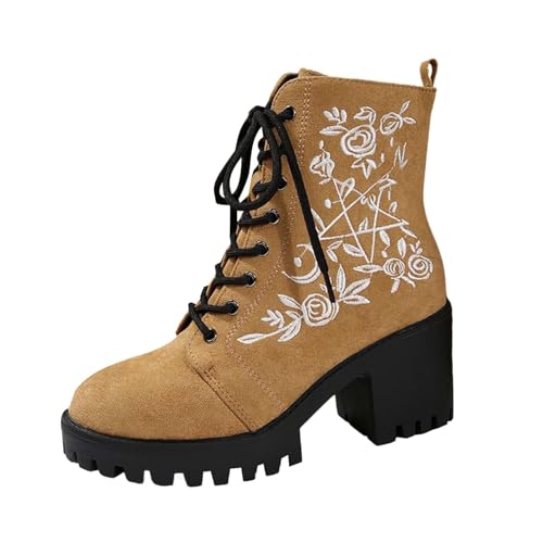 Bottines brodées jaunes pour femme en taille 40 avec talon épais style casual d'hiver