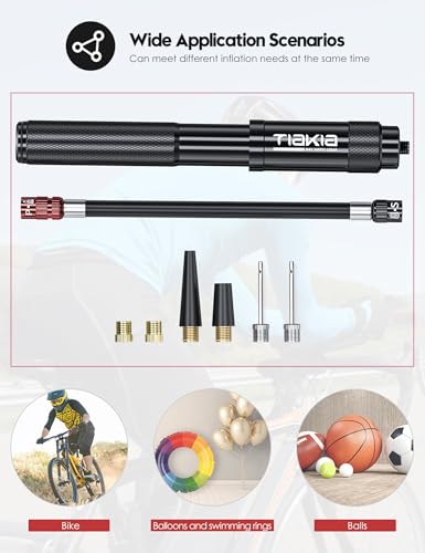 Image of Tiakia Mini Bike Pump, Portable Bicycle Pump with Bracket, 260PSI High Pressure Frame Pump Air Hand Pump Fit Presta, Schrader & Woods Valves, Aluminum Alloy Tire Pump for Road /Mountain Bikes, Balls