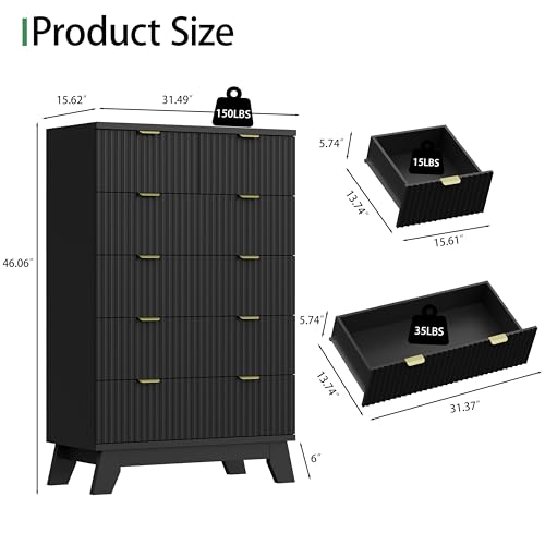 Image of Xixini Fluted Dresser for Bedroom with 6 Drawers, 46 inch Tall Modern Chest of Drawers with Metal Handle, Wooden Dresser TV Stand, Wood Closet Clothes Storage Organizer for Living Room, Hallway, Black