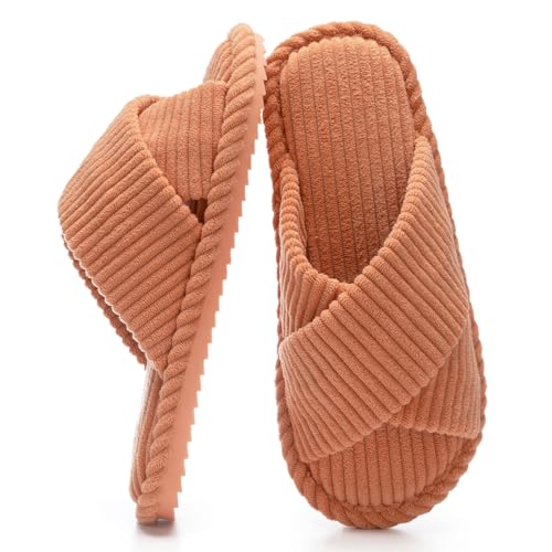 Image of GOEWY Slippers for Women Memory Foam House Bedroom Corduroy Crossbands Open Toe Slides Sandals Shoes Comfy Trendy Gift for womens Anti-Skid sole