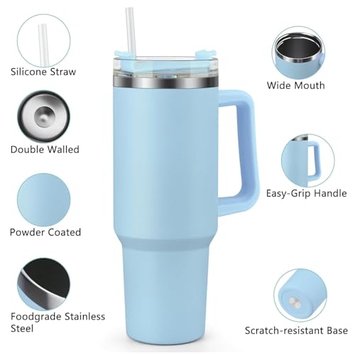 Image of Zephorus Personalized Stainless Steel Tumbler with Handle, 1200ml Capacity, Black Insulated Travel Mug with Straw, Custom Name Design (Blue)