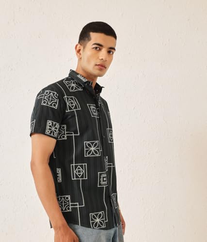 Image of Majestic Man Men's Slim Fit Pure Cotton Printed Casual Shirt - Short Sleeve | Premium Breathable Fabric | Modern Geometric Design
