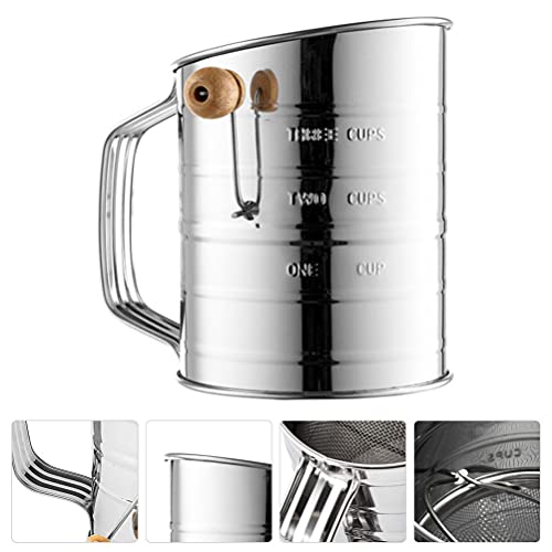 Hand Crank Flour Sifter Mesh Strainer 3- Cup Flour Sifter Stainless Steel Hand Crank Flour Sifter For Baking With Measuring Scale (Silver) Baking Supplies Sugar Sifter #TOP7