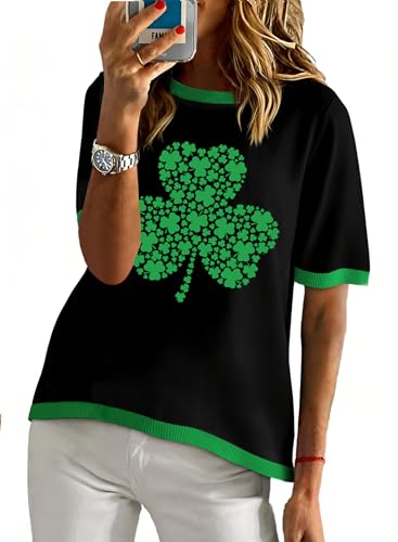 VVNTY St Patricks Day T Shirts Women Lucky Shamrock Shirt Ladies Funny Irish Short Sleeve Top (Black1,M)