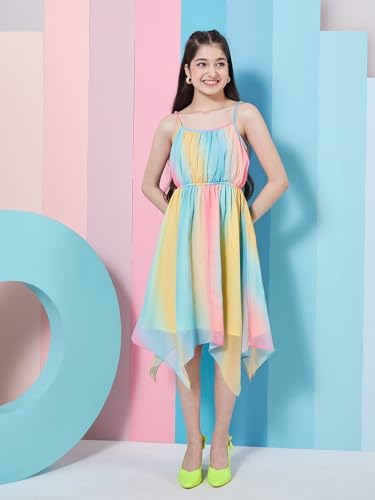Image of Pspeaches Girl's Striped Shoulder Strap Crepe Fit Flare Midi Dress Stylish Casual Wear
