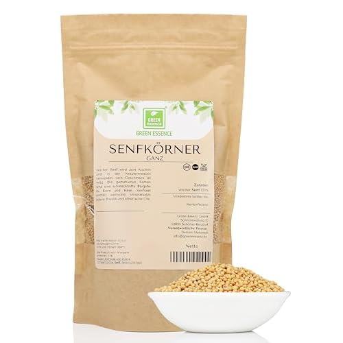 Senfkörner 500g von Green Essence - ganzes Korn weiß - ungemahlene Senf Körner - Senfsaat Gewürz - 100% natürlich - Senfsamen - delikate weiße Mustard Seeds bester Qualität (500Gramm)