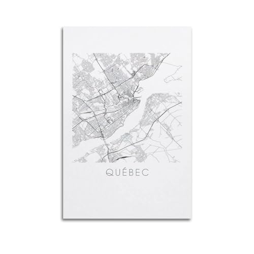 BINKAIYI Poster vintage con mappa in bianco e nero, motivo: Quebec City Canada, poster decorativo da parete su tela, poster decorativo moderno per la camera da letto, 20 x 30 cm