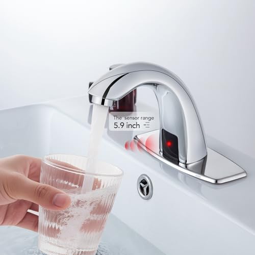 Automatic Touchless Bathroom Sink Faucet Commercial Sensor Motion Activated Hands Free Basin Auto Tap with Deck Cover Plate Battery Operated Temperature Valve Water Saving Modern Stylish(Chrome)