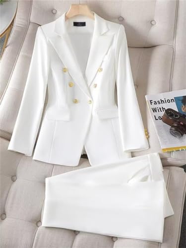 Elegant White Women's Business Suit - Double Breasted 2 Piece Set by Platlogy, Small Size - Image 2