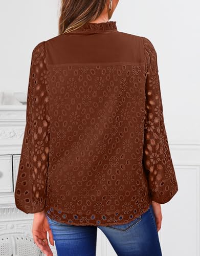 BETTE BOUTIK Women's Long Short Sleeve Tops 2025 Dressy Casual Button Hollow Out Lace Embroidered Blouses Shirts
