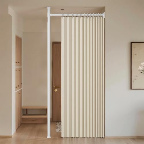 YASICA 間仕切りカーテン つっぱり式 突っ張り棒式 目隠し 伸縮式カーテンレール パーテーション アコーディオンカ 目隠し防音補助 断熱 遮光 穴あけ不要 調節可能 ベッドサイド囲い 寝室 空間分割 オフィス リビング クリームカラー 高さ210~310cm 幅70cm～120cm