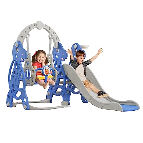 FIVMEN Rutsche Kinderrutsche 4-in-1 Set, Kinder Spielzeugrutsche Indoor Outdoor mit Basketballkorb & Schaukelstuhl, für Max 50KG ab 1-6 Jahre Kinder (Type B, Bogen)