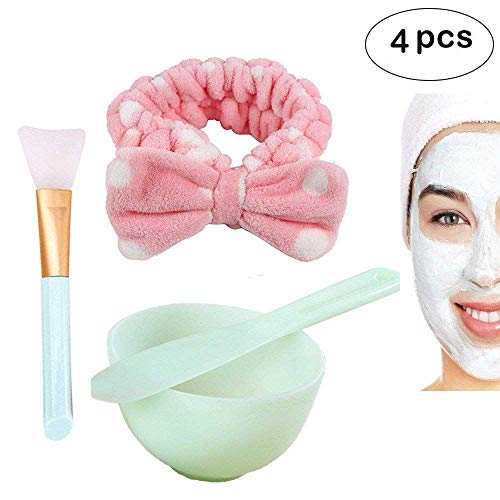 Face Mask Brush Mixing Bowl Set 4 in 1 DIY Facial Mask Mixing Tool Kit with Hair Band Facial Mask Bowl Mask Stick Spatula Silicone Face Mask Brush Lady face Skin Care Mask Mixing Tool Set (Set of 4)