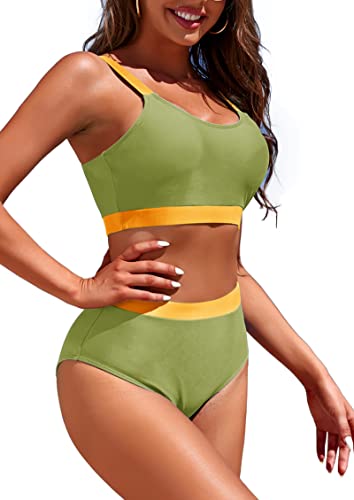 Image of Womens High Waisted Bikini Sets Sporty Crop Top Color Block Swimwear Bandeau Scoop Neck Vintage Two Piece Bathing Suits