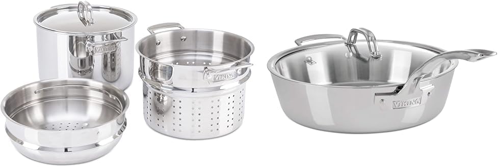 Viking Culinary 3-Ply Stainless Steel Pasta Pot, 8 Quart, Includes Pasta & Steamer Insert & Culinary Contemporary 3-Ply Stainless Steel Saucepan, 2.4 Quart