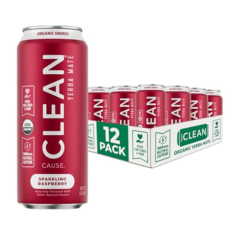 CLEAN Cause Low Calorie Raspberry Yerba Mate Tea Sparkling, USDA Organic Energy Drink Alternative,...