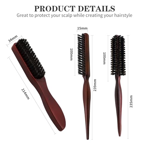 Rigidstone Pack of 3 Boar Bristle Brush, Hair Brush with Wooden Handle, Sleek Bun Brush, Beard Brush Made of Bristles - Image 2