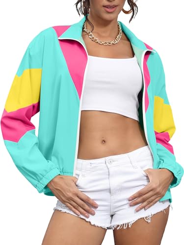 UOUA 80s Windbreaker Jacket for Women Retro Neon Color Block Patchwork Wind Breaker Long Sleeve Reversible Casual Coat MintGreen 2XL