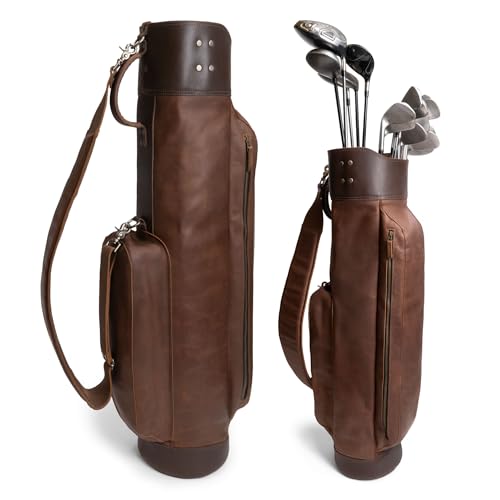 Leather Golf Bag with Top Divider & Shoulder Strap, Vintage Club Golf Cart Bags for Men & Women, Carry Sunday Silencer Stand Bag, Mens Travel Walking Cases, Brown & Black Caddy, Hard Case Light Weight