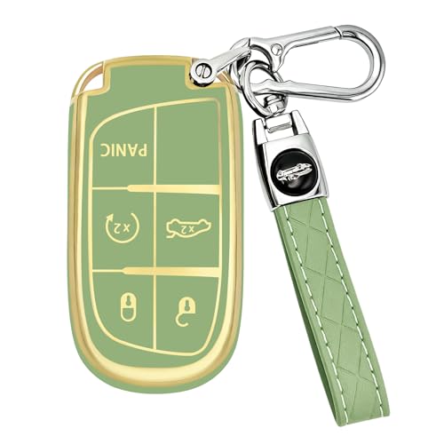 JUNJIAWU Schlüsselhülle für Jeep mit Schlüsselanhänger für Dodge Schlüsselanhänger, passend für Chrysler RAM Durango Challenger Journey Grand Cherokee Renegade (grün)