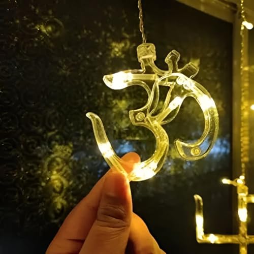 Image of HashWOW Om Swastik Curtain String Lights - 12 Hanging Symbols with 8 Flashing Modes, Warm White Decorative LEDs for Diwali & Festive Decor