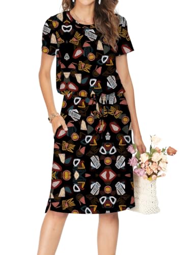 Image of Simier Fariry Womens Summer Hide Belly Knee Length Travel Dress Pocket Short Sleeve Midi Work Casual Outfits