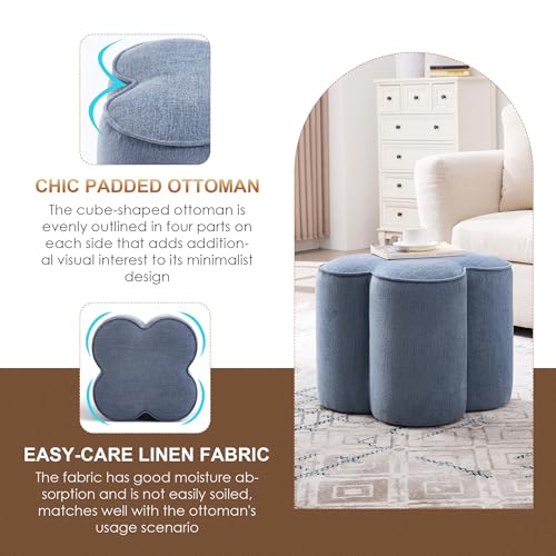 Image of Zesthouse Flower Pouf Ottoman Foot Rest, Linen Fabric Poofy Ottoman Stool | Large Ottoman Footstool for Couch, Modern Living Room Stool Seat, Cute Square Vanity Stool for Bedroom, Blue Dorm Foot Stool