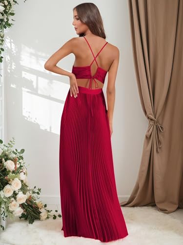 Spaghetti Straps Pleated Bridesmaid Dresses for Women Satin Backless Long Formal Evening Gowns2