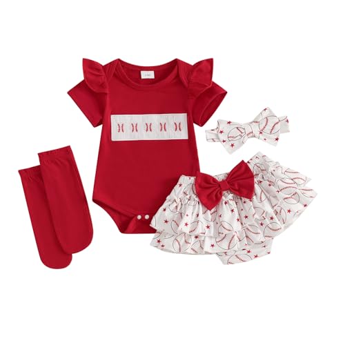 Ysfanwuxi Newborn Baby Girl Baseball Outfit Short Sleeve Romper Baseball Ruffle Skirt Shorts Set Socks Hairband Summer Clothes (Red, 3-6 Months)