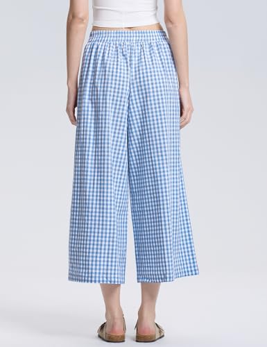 Image of LOMON Womens Wide Leg Capri Pants Gingham Plaid Culottes Summer Elastic Waist Palazzo Trousers Bottoms with Pockets