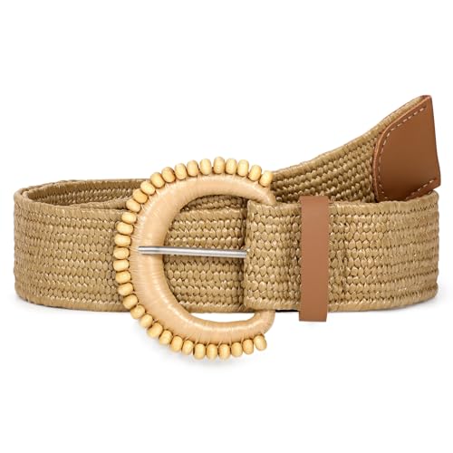 Image of Straw Woven Elastic Belt for Women Stretchy Belts for Dress Fashion Boho Waist Belt Rattan Raffia Ladies Belts
