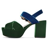 FSJ Women Peep Toe Chunky High Heels Platform Sandals Ankle Strap Velvet Summer Dress Shoes Size 8 Green