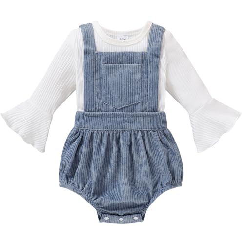 Image of Tiny Cutey Newborn Baby Girl Clothes Bell Sleeve Romper and Corduroy Overalls Shorts Infant Girl Fall Outfits
