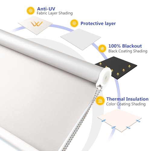 Allesin 100% Blackout Roller Shades, Blinds for Windows with Thermal Insulated & UV Protection Waterproof Fabric, Window Blinds for Home Office Bedroom, Easy Installed (White-35 W x 72\" H)
