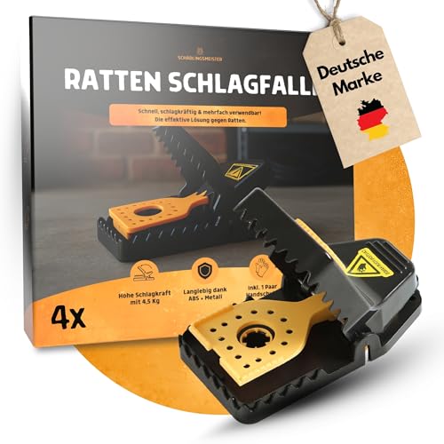 Rattenfallen Schlagfallen - 4 Stück - 4 5 kg Schlagkraft - Langlebig Dank ABS + Metall - Inkl. 1 Paar Handschuhe - Wiederverwendbare Rattenfalle für Keller Garage & Außenbereich - Mausfalle