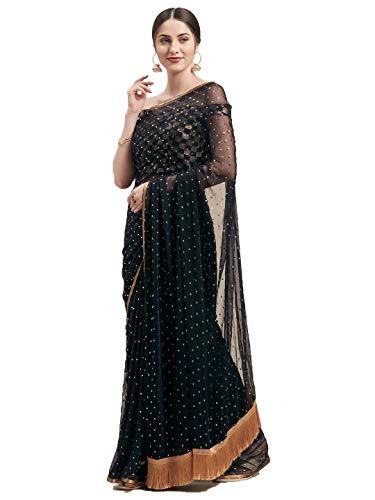 Craftstribe Chiffon Stone Work Sari Indian Wedding Bollywood Black Saree for Women