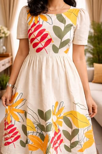 Image of eightone Women Floral Print Cotton Midi Dress, Short Sleeve, White with Yellow and Red Flowers, A-Line Fit