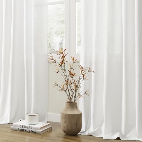 Size 52x96 Color White Soft White Semi Sheer Textured Linen Curtains 96 Inches Length Long, 2 Panels Set for Bedroom Dining Living Room,Back Tab,Rod Pocket,Clip Rings Light Filtering Window Drapes,W52 x L96
