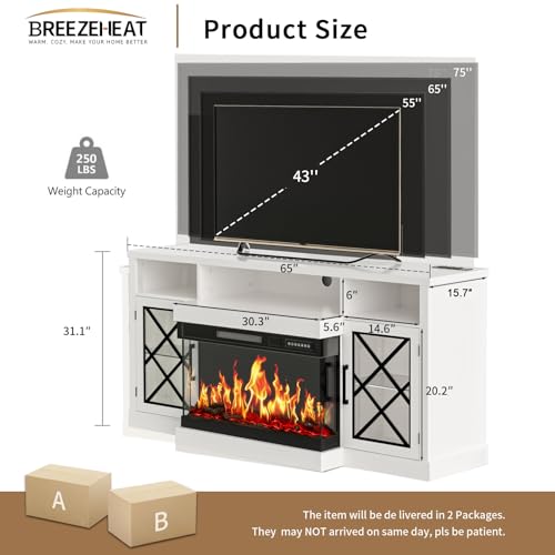 Image of BREEZEHEAT Fireplace TV Stand for TVs up to 75 inch, 3-Sided Electric Entertainment Center with 30 inch LED Fireplace, Media Console w /Storage Cabinet & Glass Doors, 65Inch, White