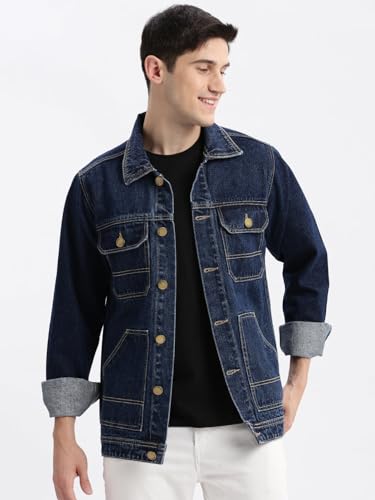 Image of SHOWOFFFF Men Solid Denim Jacket | Spread Collar Full Sleeves Denim Jacket for Mens | Slim Fit Regular Length Jacket for Men's