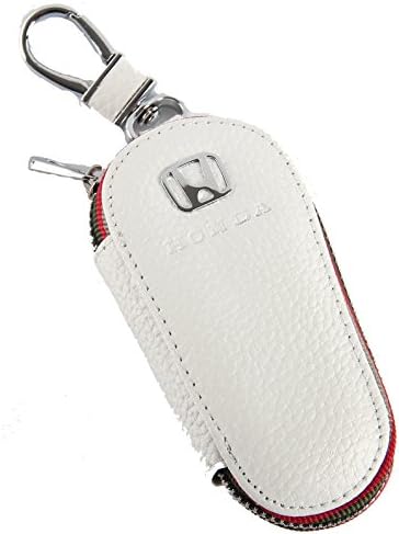 Key chain Bag white Lychee rind pattern Genuine Leather Ring Holder Case Car Auto Coin Universal Remote Smart Key cover Fob Alarm Security Zipper keychain Wallet Bag (Honda)