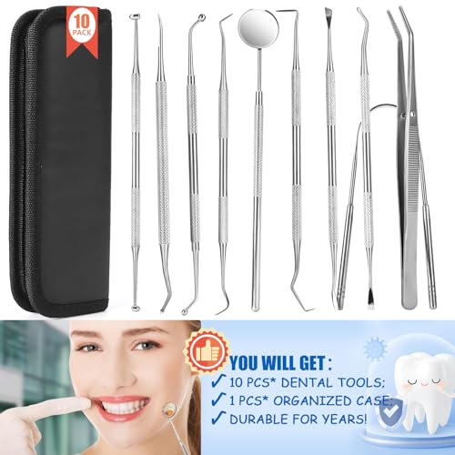 Dental Tools,10 Pcs Plaque Remover for Teeth, Stainless Steel Dental Hygiene Tool Set with Dental Pick for Teeth Cleaning Kit, Tooth Scraper, Tongue Scraper for Dentist, Personal Oral Care, Family - Thumbnail 7