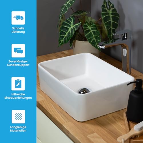 Bächlein Aufsatzwaschbecken Endina (eckig) - Keramik Waschbecken 40 x 29 cm - Moderne Design Waschschale für Badezimmer und WC - Hochwertiges Handwaschbecken in Weiß