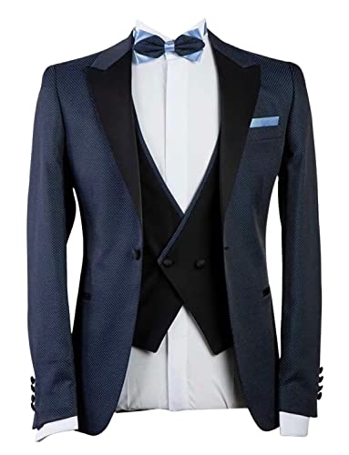 Costume en tweed 3 pièces bleu marine ensemble veste gilet croisé pantalon bal